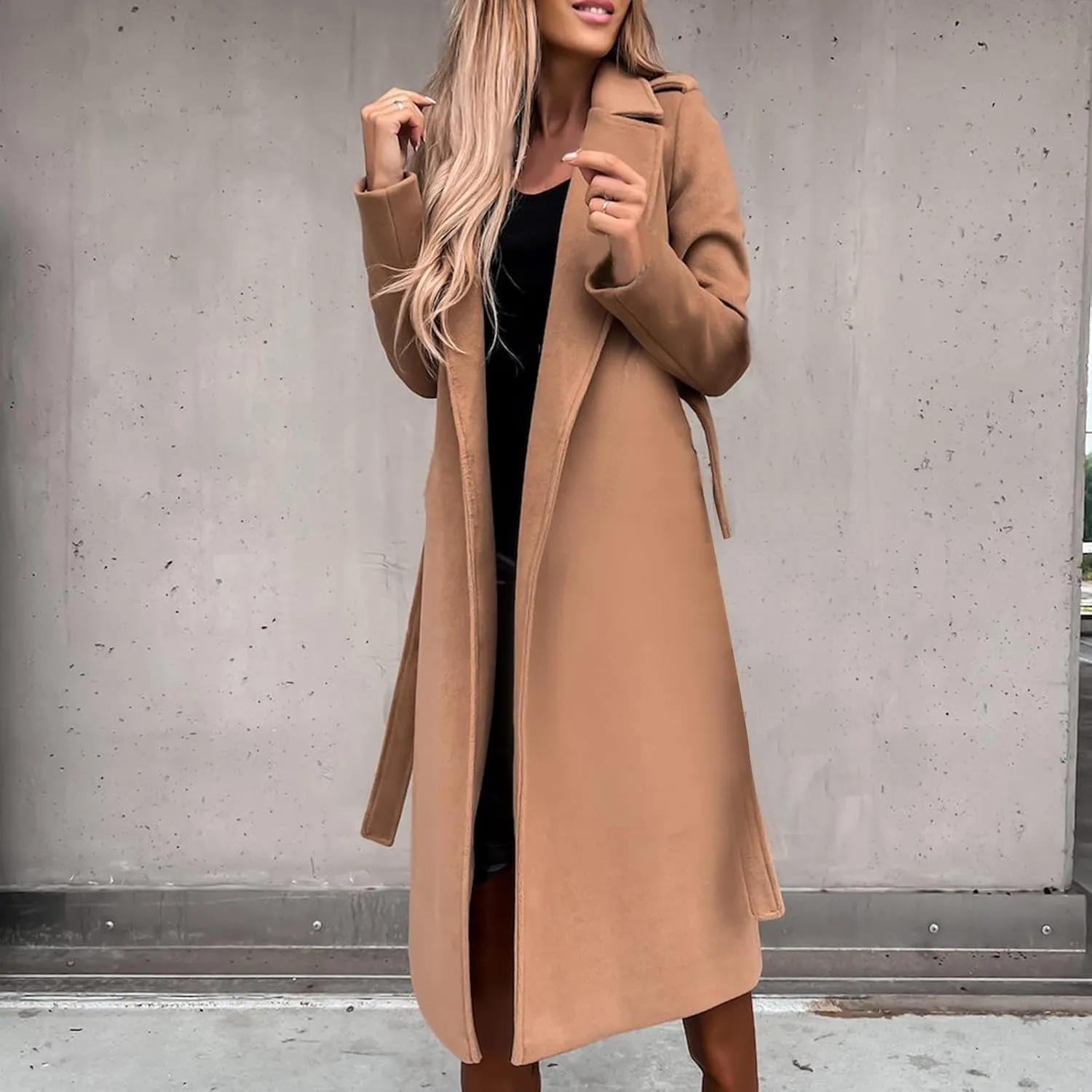 Women's 3/4 Length Trench Coat with Belt Winter Open Front Woolen Jacket Long Cardigan Notch Lapel Outwear