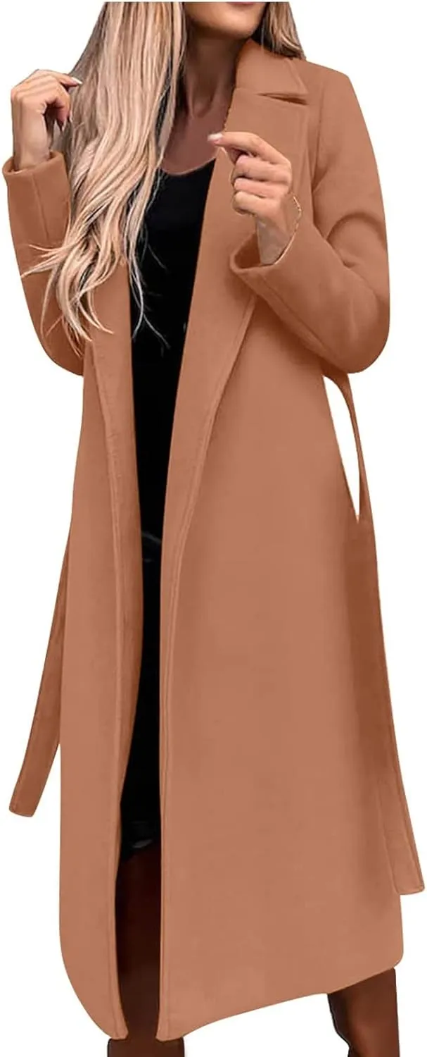 Women's 3/4 Length Trench Coat with Belt Winter Open Front Woolen Jacket Long Cardigan Notch Lapel Outwear