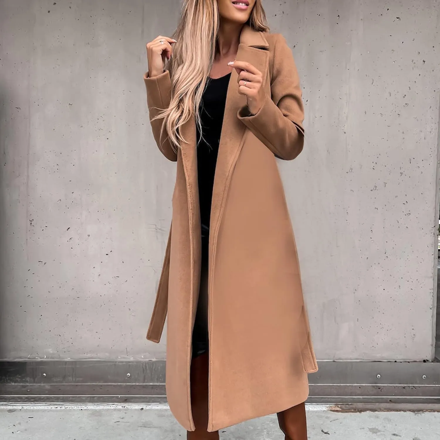 Women's 3/4 Length Trench Coat with Belt Winter Open Front Woolen Jacket Long Cardigan Notch Lapel Outwear