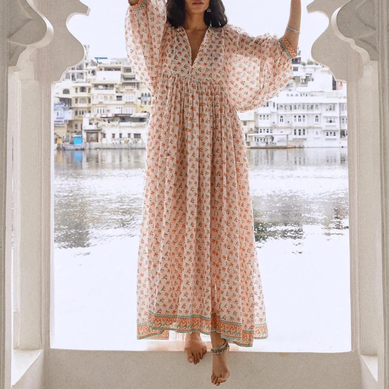 Women's Boho Floral Printed Maxi Dress 3/4 Lantern Sleeve Dress V Neck Loose Swing Sundress Beach Clubwear