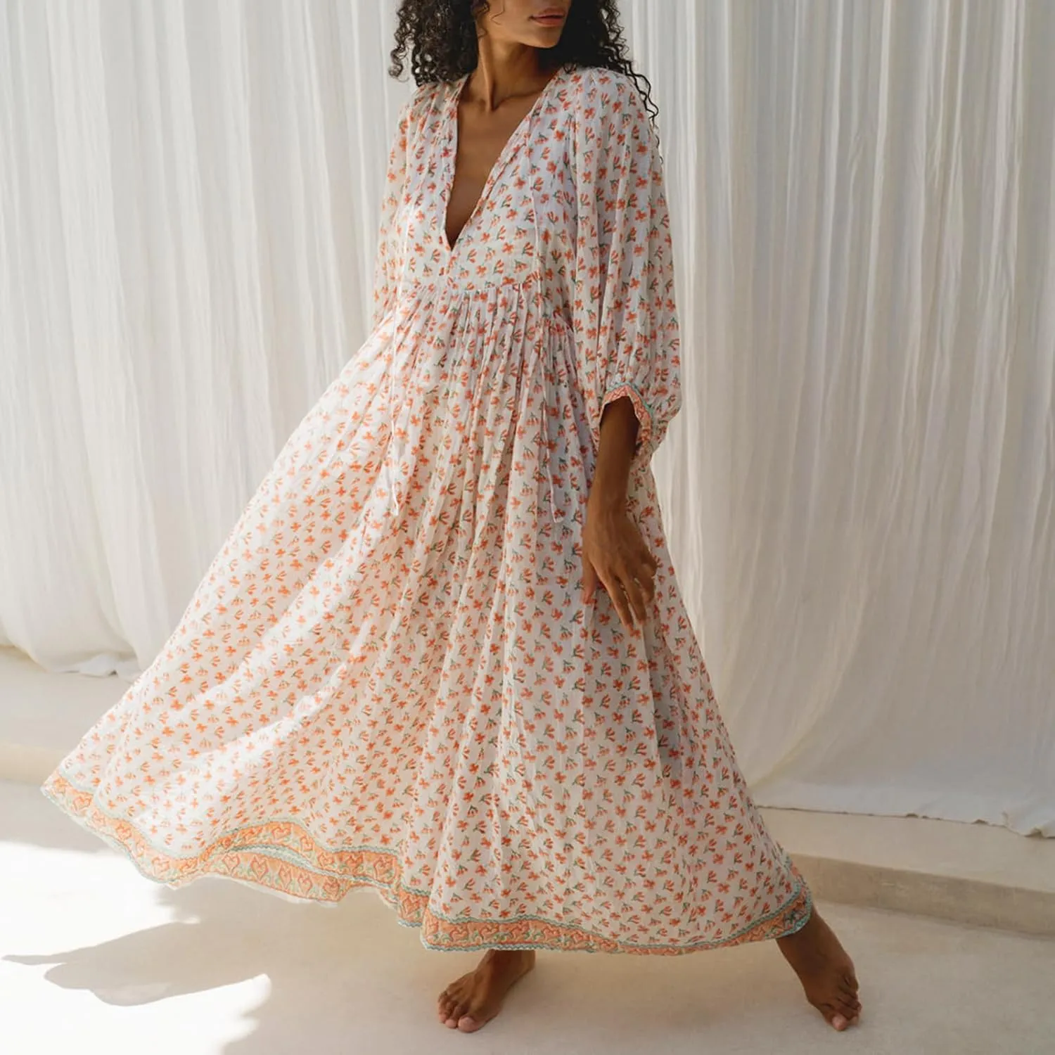 Women's Boho Floral Printed Maxi Dress 3/4 Lantern Sleeve Dress V Neck Loose Swing Sundress Beach Clubwear