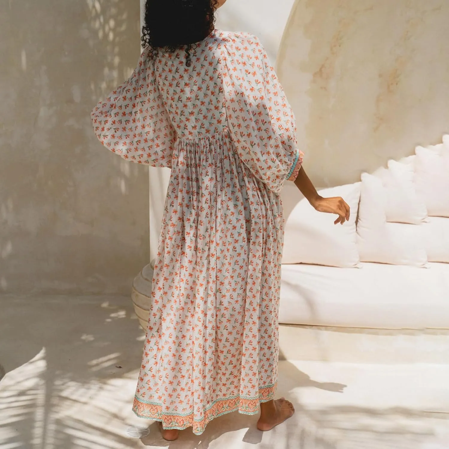 Women's Boho Floral Printed Maxi Dress 3/4 Lantern Sleeve Dress V Neck Loose Swing Sundress Beach Clubwear