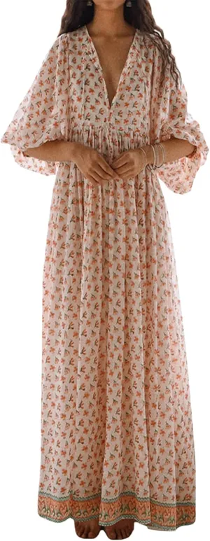 Women's Boho Floral Printed Maxi Dress 3/4 Lantern Sleeve Dress V Neck Loose Swing Sundress Beach Clubwear
