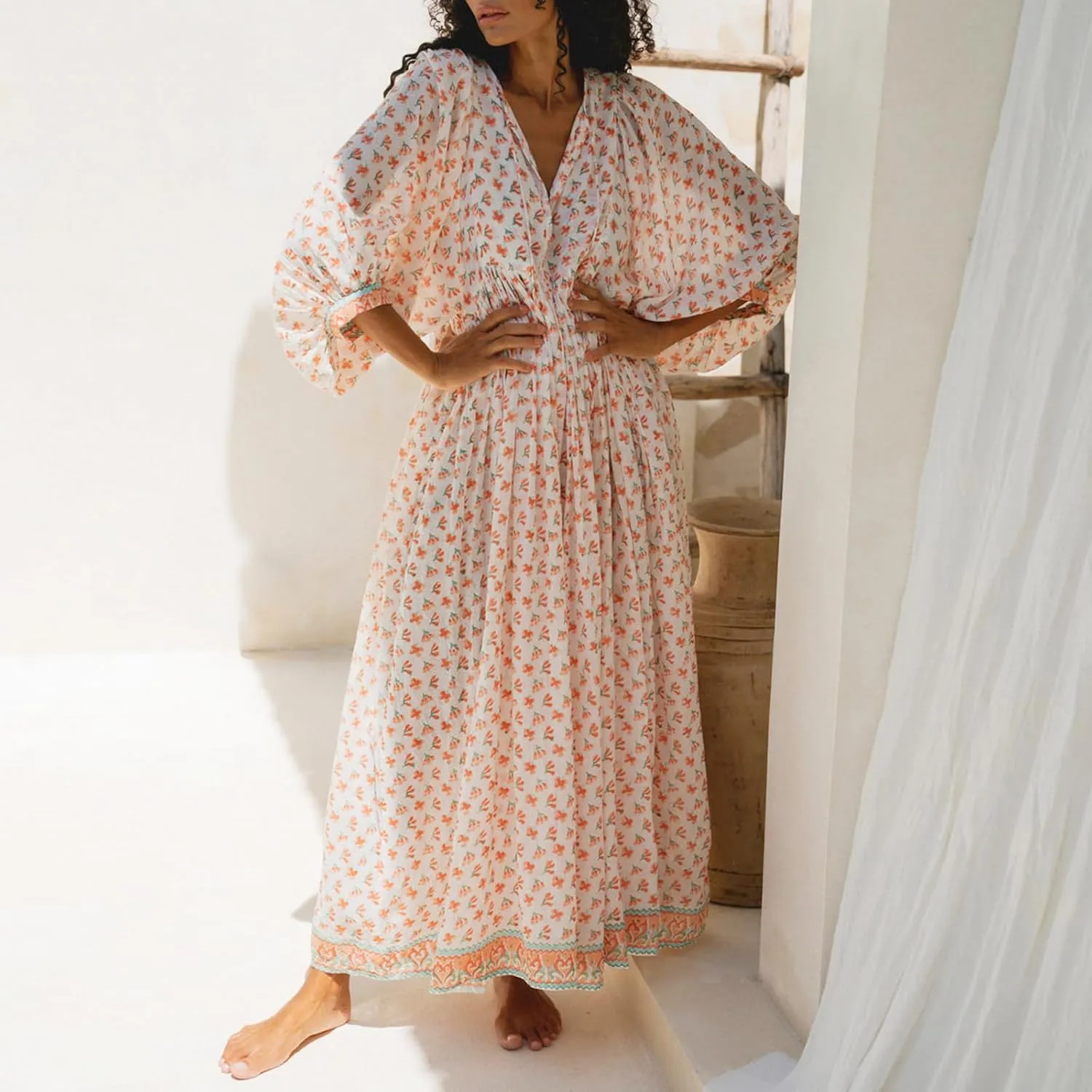 Women's Boho Floral Printed Maxi Dress 3/4 Lantern Sleeve Dress V Neck Loose Swing Sundress Beach Clubwear