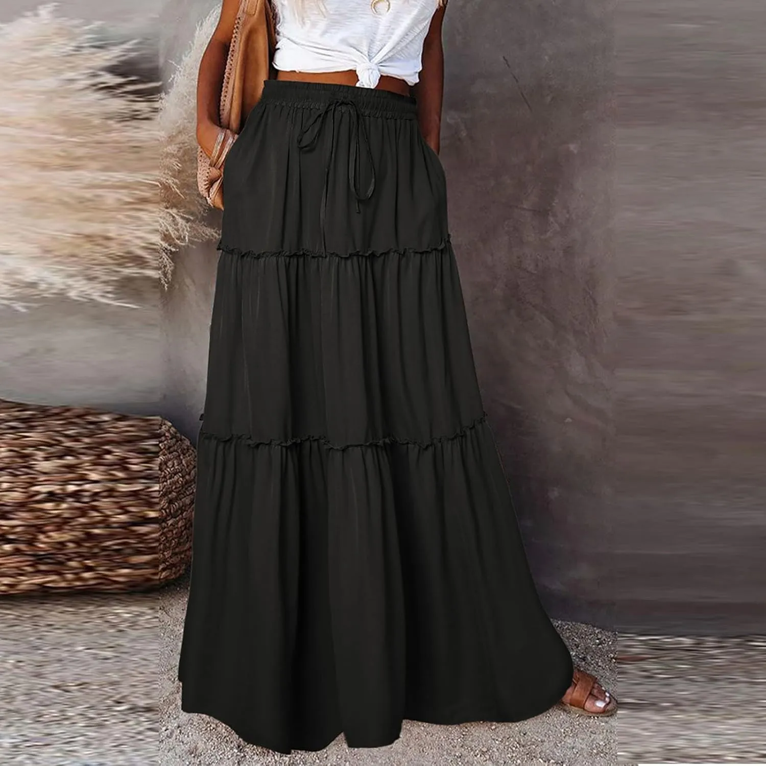 Womens Boho Tiered High Waist Tie Paisley Floral Print Long Maxi Skirt with Pockets