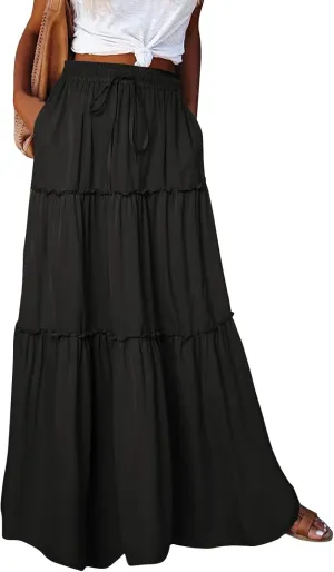 Womens Boho Tiered High Waist Tie Paisley Floral Print Long Maxi Skirt with Pockets