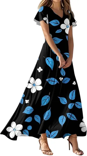 Women's Casual A-Line Dresses 2025 V Neck Short Sleeve Dress Empire Waist Boho Summer Sundress