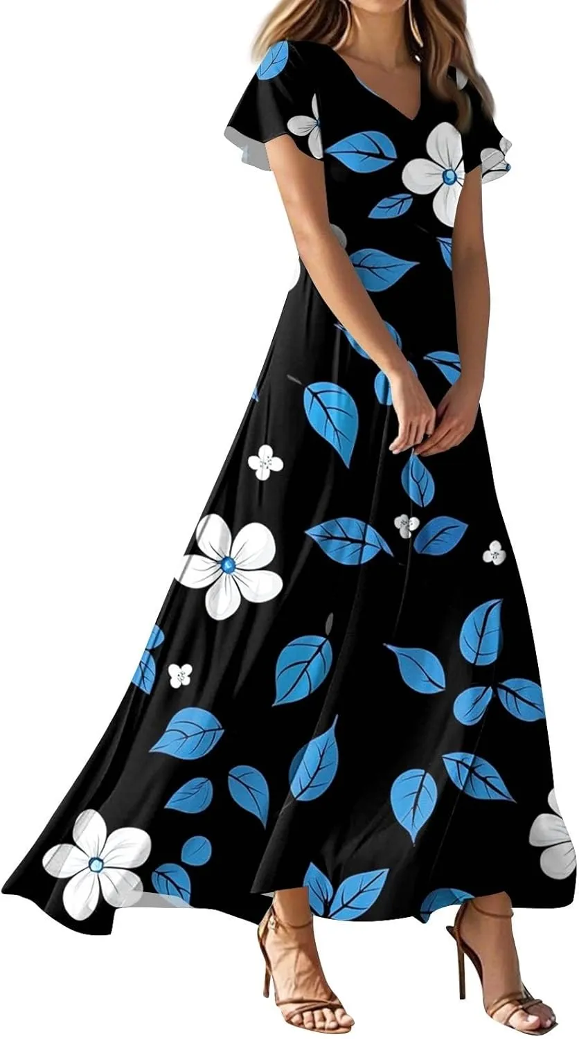 Women's Casual A-Line Dresses 2025 V Neck Short Sleeve Dress Empire Waist Boho Summer Sundress
