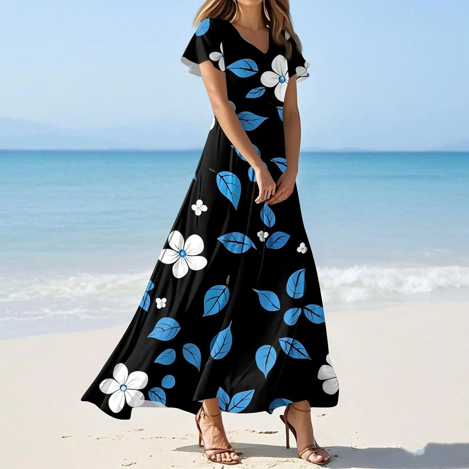 Women's Casual A-Line Dresses 2025 V Neck Short Sleeve Dress Empire Waist Boho Summer Sundress