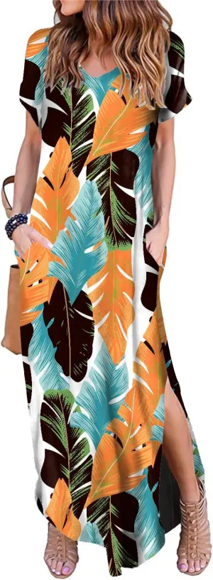 Women's Casual Loose Sundress Short Sleeve V Neck Long Dress Split Maxi Summer Beach Dress with Pockets