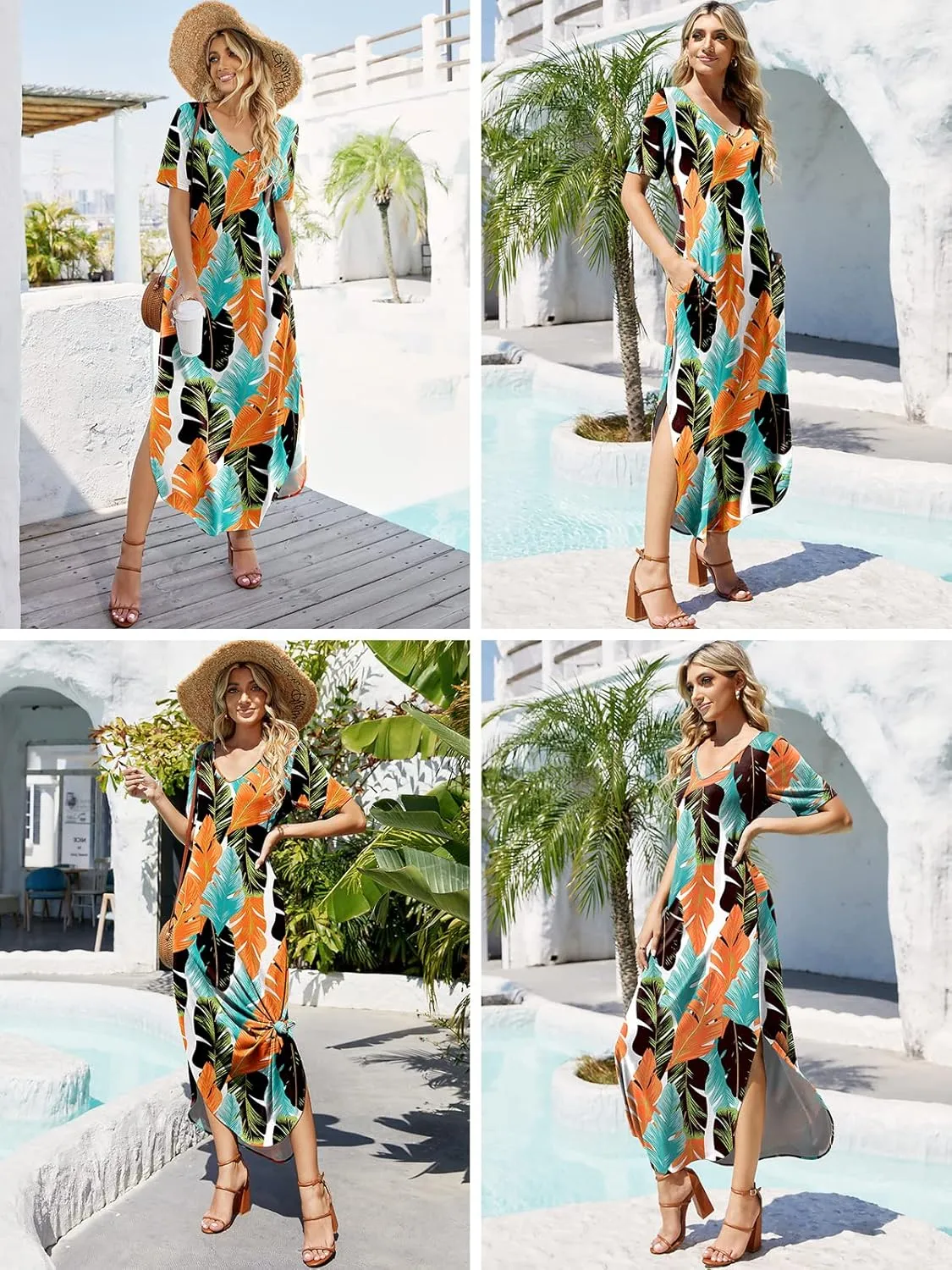 Women's Casual Loose Sundress Short Sleeve V Neck Long Dress Split Maxi Summer Beach Dress with Pockets