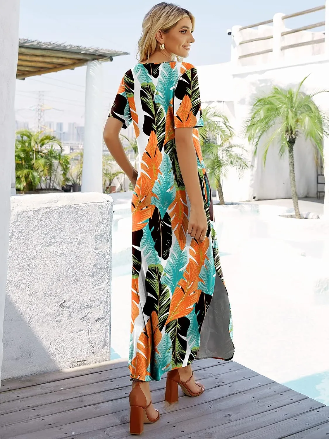 Women's Casual Loose Sundress Short Sleeve V Neck Long Dress Split Maxi Summer Beach Dress with Pockets