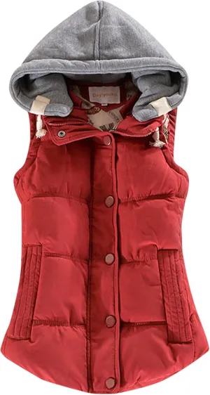 Women's Casual Quilted Padded Puffer Vest Plain Warm Vest with Removable Hooded