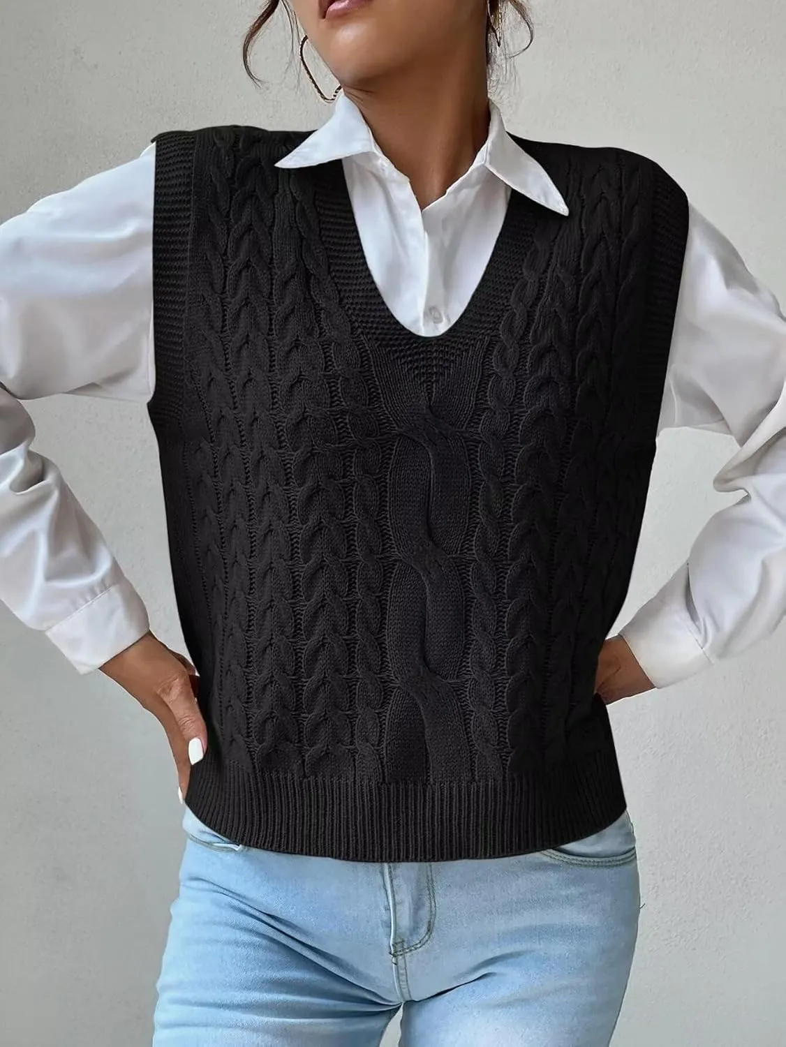 Women's Casual V Neck Cable Knit Sweater Vest Solid Sleeveless Tank Tops Women Vest