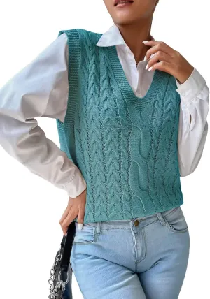 Women's Casual V Neck Cable Knit Sweater Vest Solid Sleeveless Tank Tops Women Vest