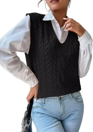 Women's Casual V Neck Cable Knit Sweater Vest Solid Sleeveless Tank Tops Women Vest