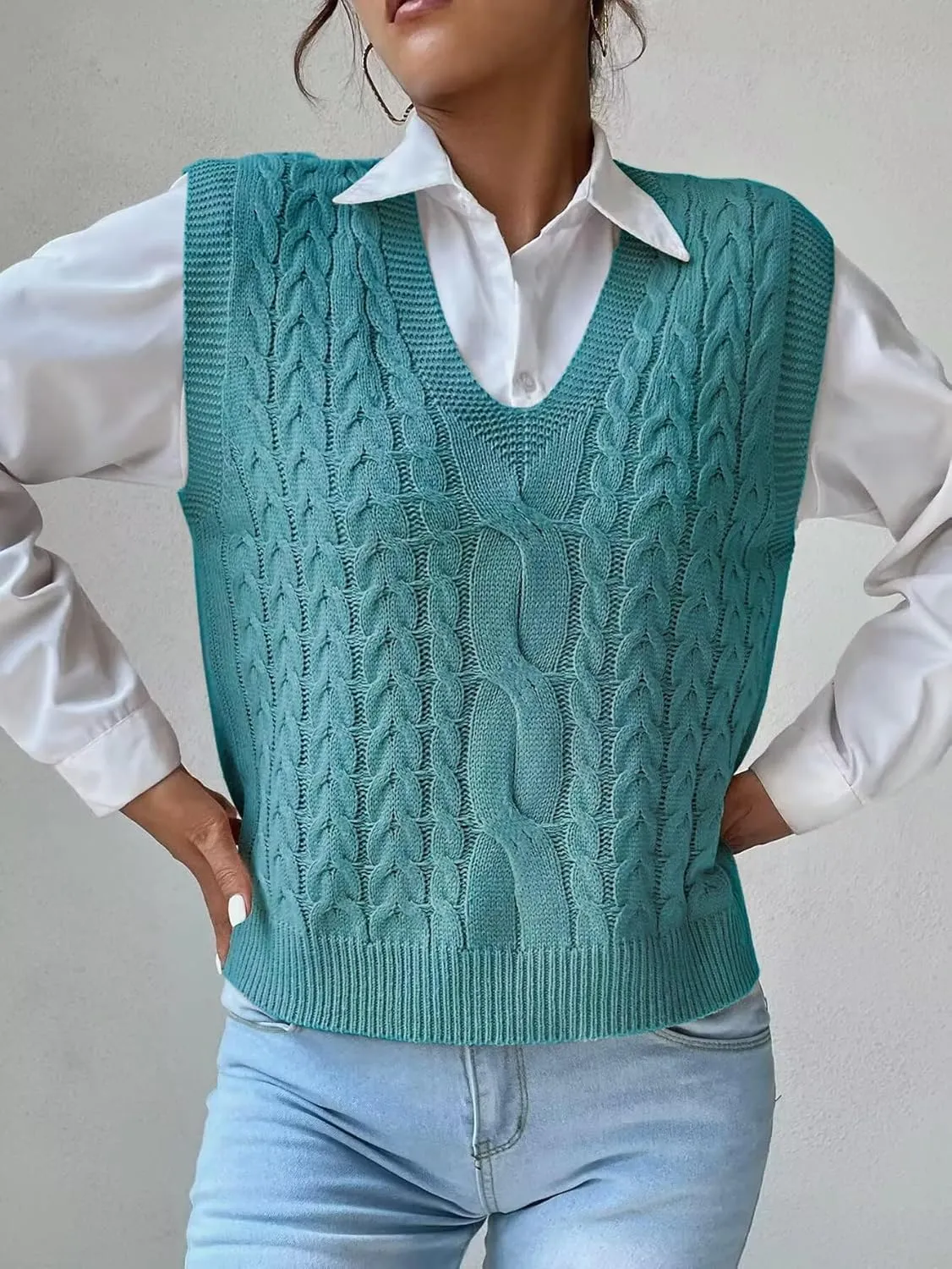 Women's Casual V Neck Cable Knit Sweater Vest Solid Sleeveless Tank Tops Women Vest