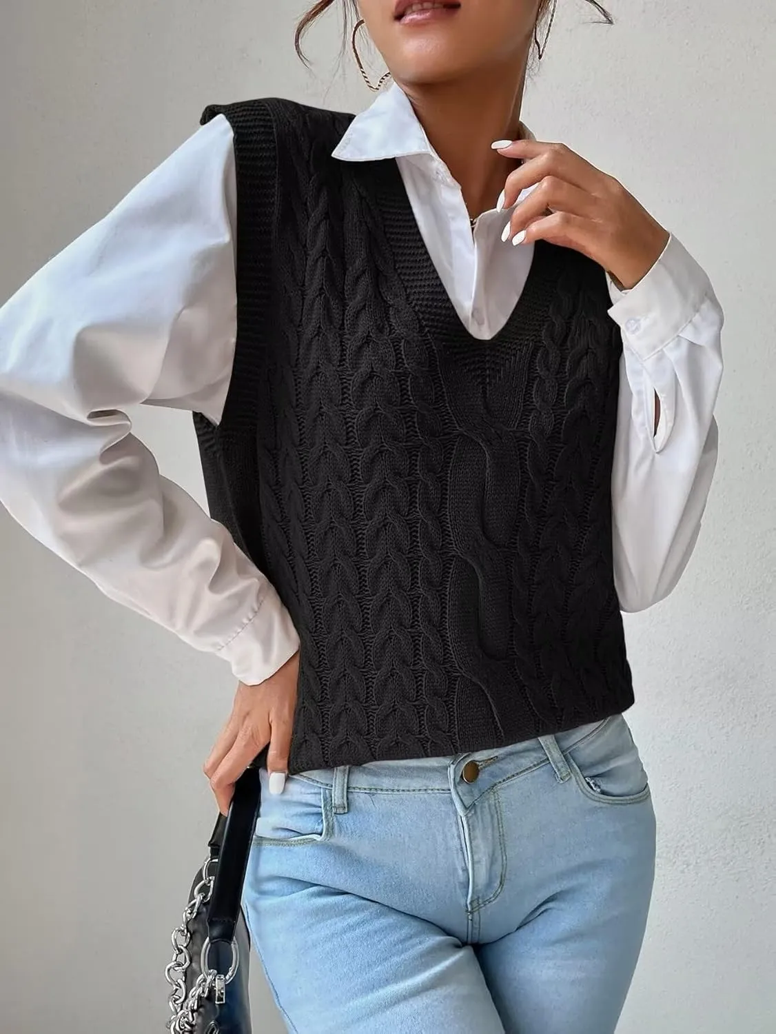 Women's Casual V Neck Cable Knit Sweater Vest Solid Sleeveless Tank Tops Women Vest
