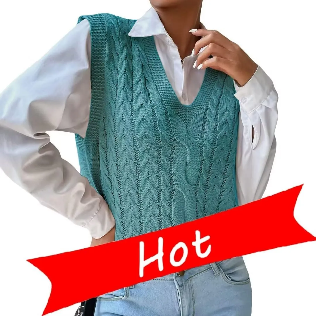 Women's Casual V Neck Cable Knit Sweater Vest Solid Sleeveless Tank Tops Women Vest
