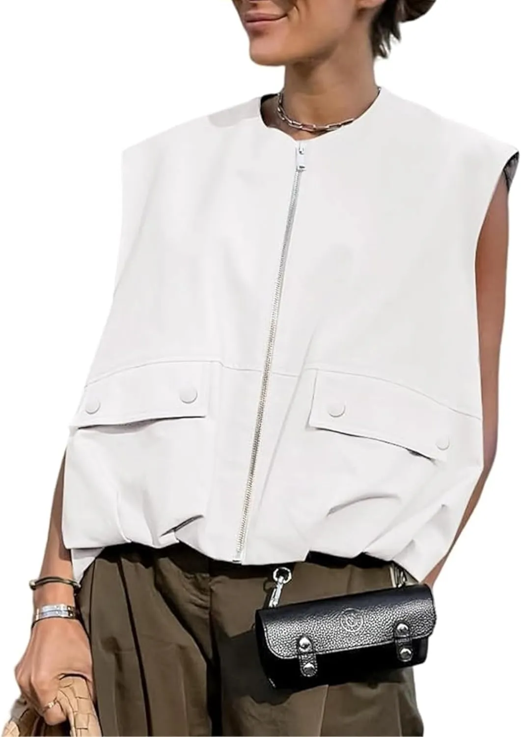Womens Casual Zip Up Cargo Vest Top Oversized Lightweight Ruched Hem Sleeveless Blazer Jackets Vest Tops