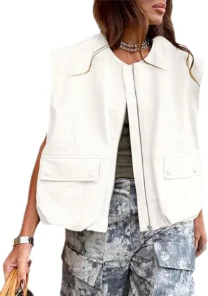 Womens Casual Zip Up Cargo Vest Top Oversized Lightweight Ruched Hem Sleeveless Blazer Jackets Vest Tops