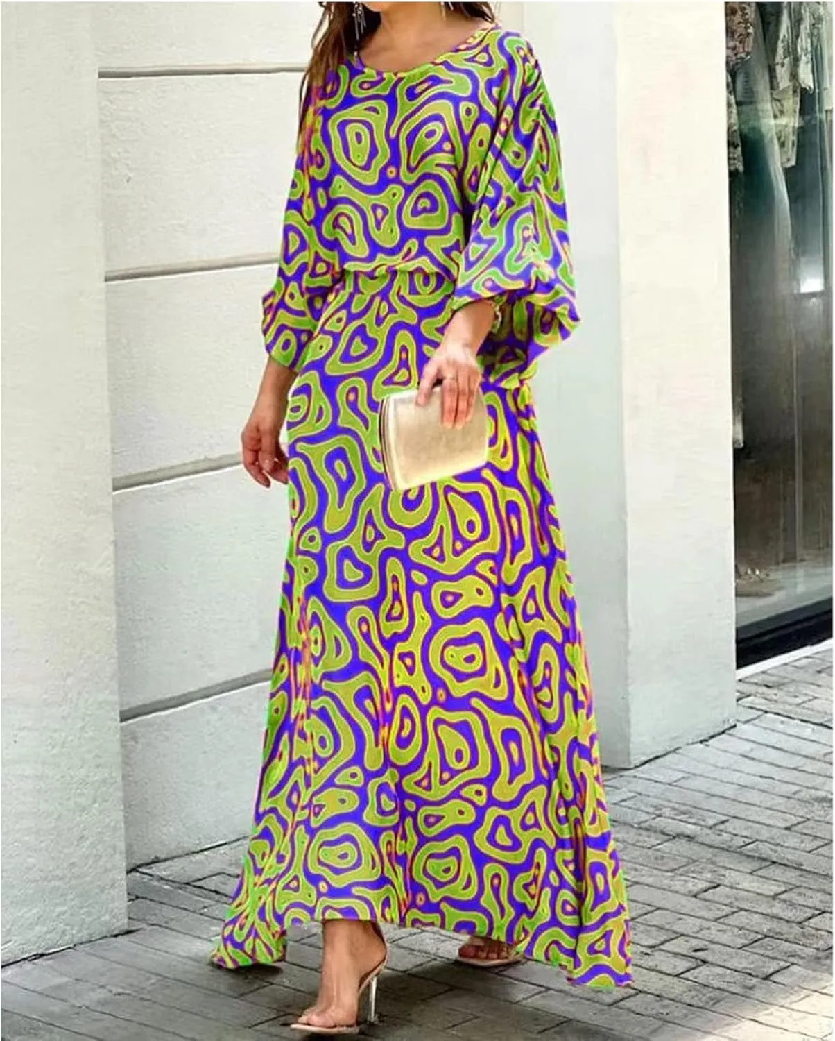 Women's Chiffon Printted Maxi Dress Summer Loose Printed Long Sleeve High Waist Top and Long Skirt Casual Set