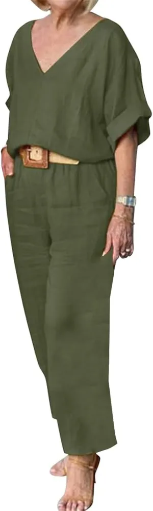 Women's Cotton and Linen Casual Two-Piece Set Summer Oversized Short Sleeve T Shirts V Neck Top Loose Capri Pant Sets