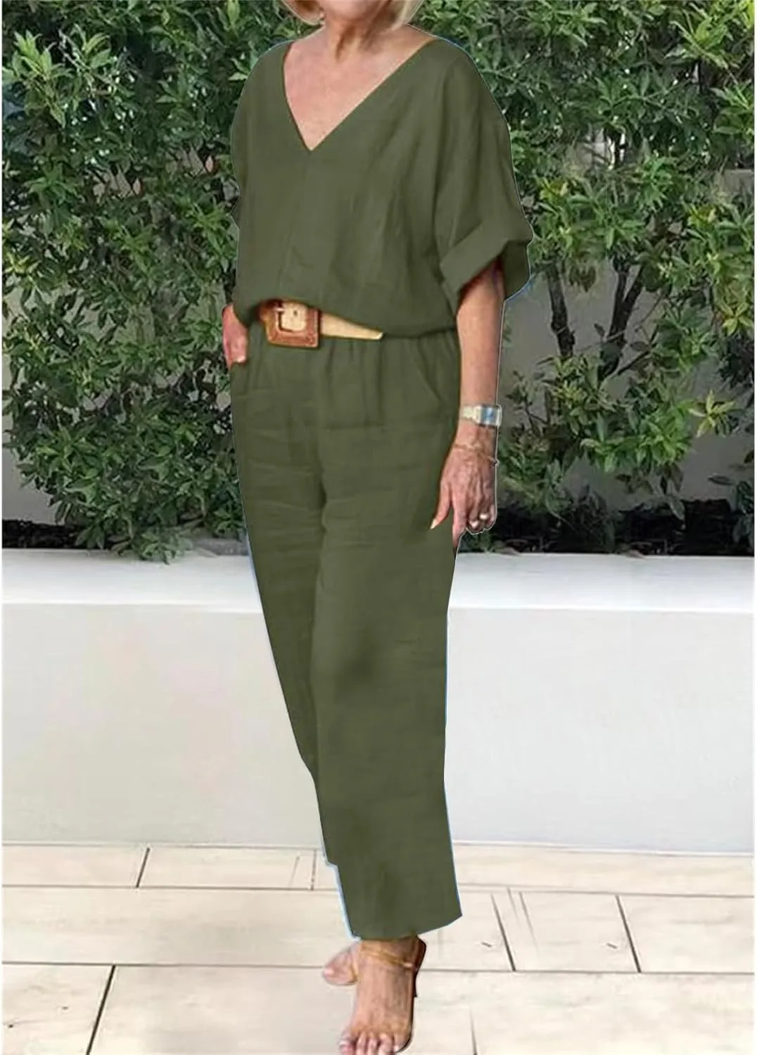 Women's Cotton and Linen Casual Two-Piece Set Summer Oversized Short Sleeve T Shirts V Neck Top Loose Capri Pant Sets