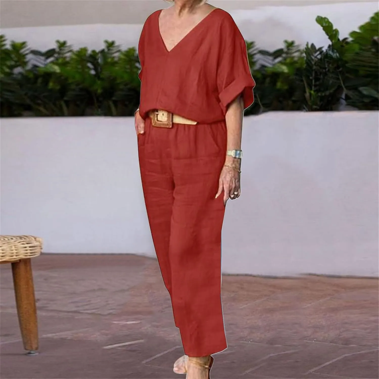 Women's Cotton and Linen Casual Two-Piece Set Summer Oversized Short Sleeve T Shirts V Neck Top Loose Capri Pant Sets