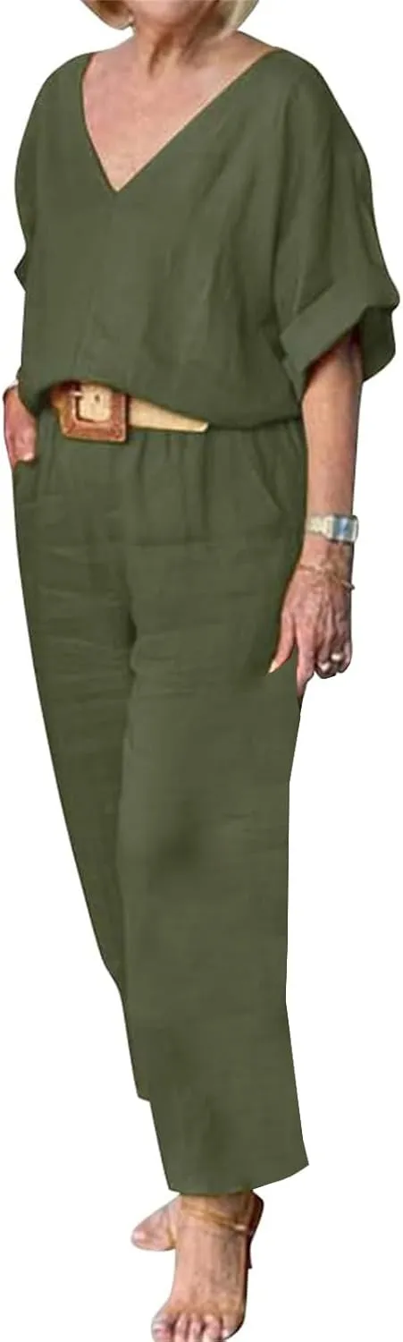 Women's Cotton and Linen Casual Two-Piece Set Summer Oversized Short Sleeve T Shirts V Neck Top Loose Capri Pant Sets
