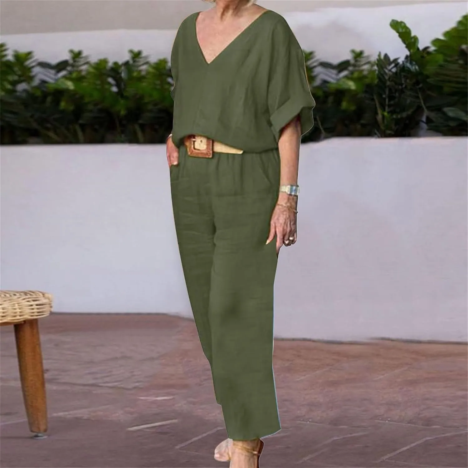 Women's Cotton and Linen Casual Two-Piece Set Summer Oversized Short Sleeve T Shirts V Neck Top Loose Capri Pant Sets