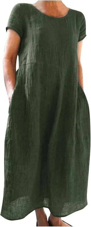 Womens Cotton Linen A-Line Maxi Beach Sundress Plus Size Solid Color Spring Dresses Travel Vacation 2025 Summer Outfits