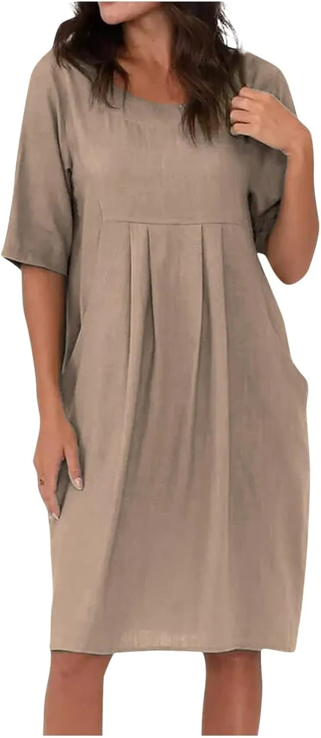 Women's Cotton Linen Casual Loose Tshirt Dress with Pockets Wedding Party Summer 2024 Knee Length Comfy Midi Dresses