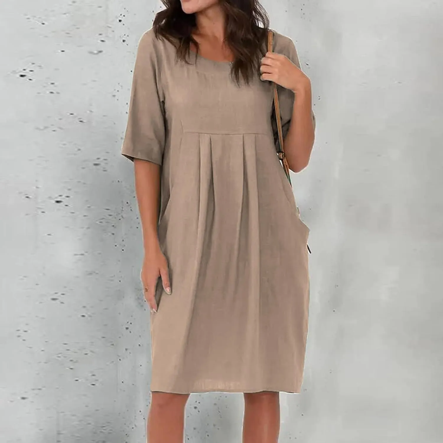 Women's Cotton Linen Casual Loose Tshirt Dress with Pockets Wedding Party Summer 2024 Knee Length Comfy Midi Dresses