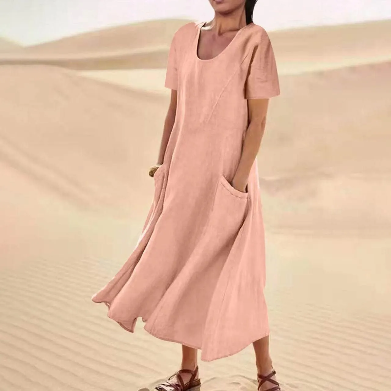 Women's Cotton Linen Dress Plus Size Round Neck Short Sleeve Solid Color Dresses with Pocket Flowy Casual Midi Dress