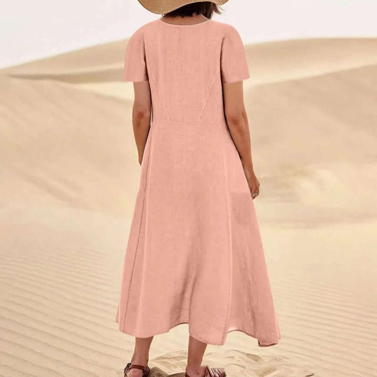 Women's Cotton Linen Dress Plus Size Round Neck Short Sleeve Solid Color Dresses with Pocket Flowy Casual Midi Dress