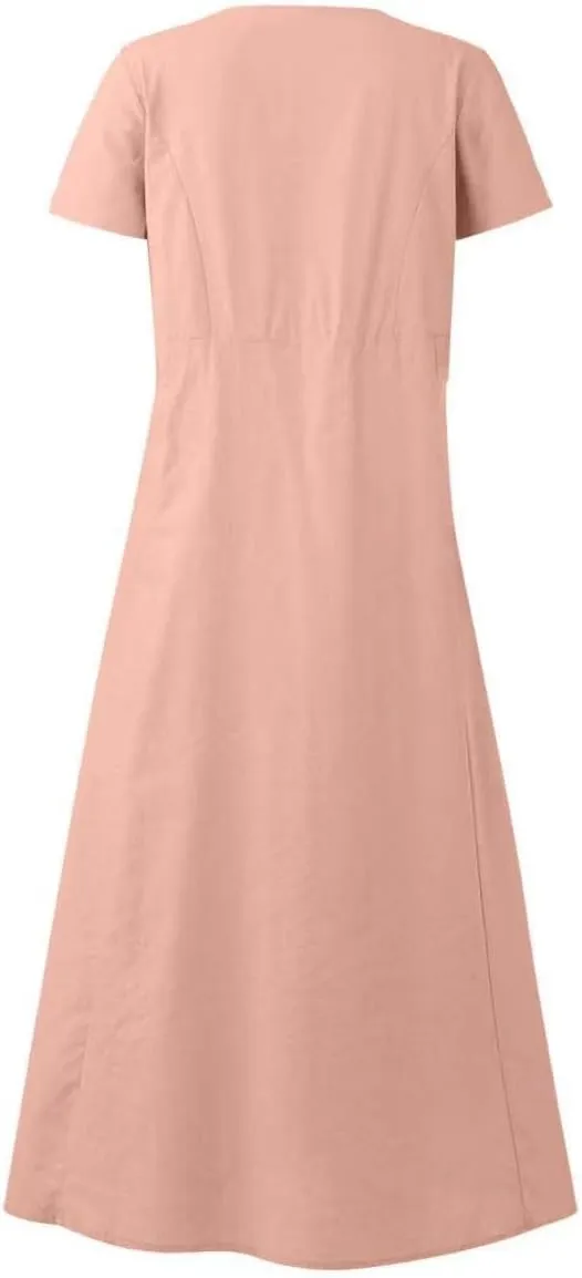 Women's Cotton Linen Dress Plus Size Round Neck Short Sleeve Solid Color Dresses with Pocket Flowy Casual Midi Dress