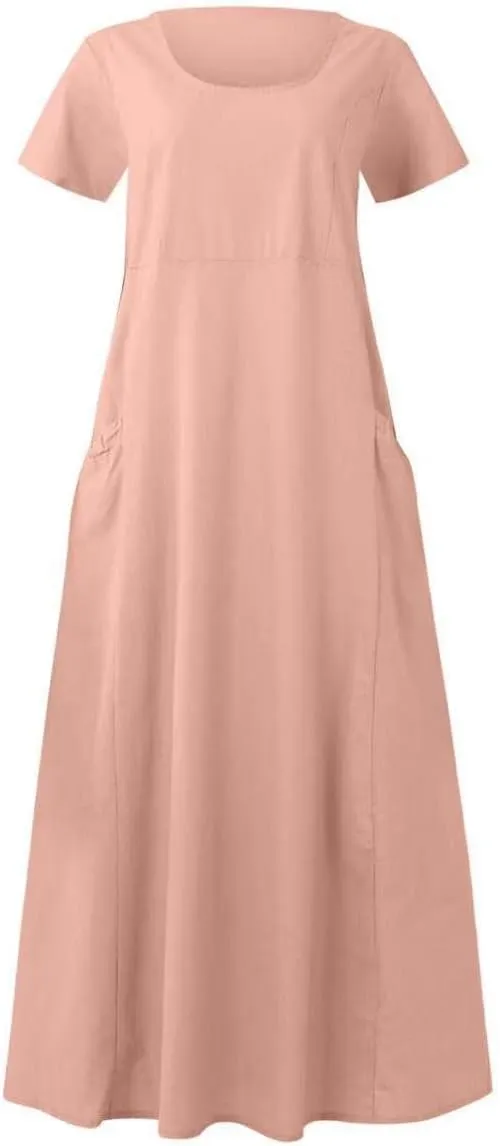 Women's Cotton Linen Dress Plus Size Round Neck Short Sleeve Solid Color Dresses with Pocket Flowy Casual Midi Dress