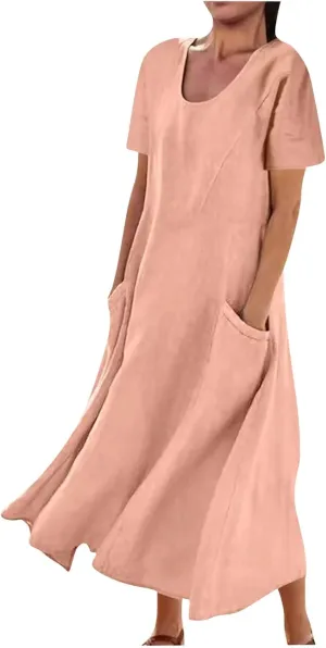Women's Cotton Linen Dress Plus Size Round Neck Short Sleeve Solid Color Dresses with Pocket Flowy Casual Midi Dress