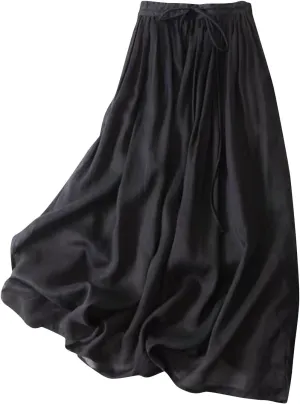 Womens Cotton Linen Midi Skirt Summer High Waist Flowy Loose Elastic Waist Drawstring Party Swing A-Line Skirts