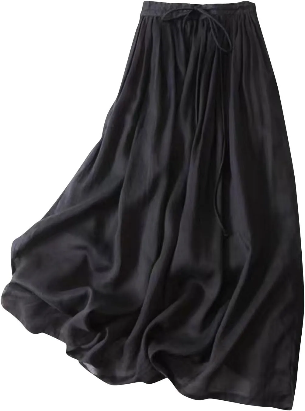 Womens Cotton Linen Midi Skirt Summer High Waist Flowy Loose Elastic Waist Drawstring Party Swing A-Line Skirts