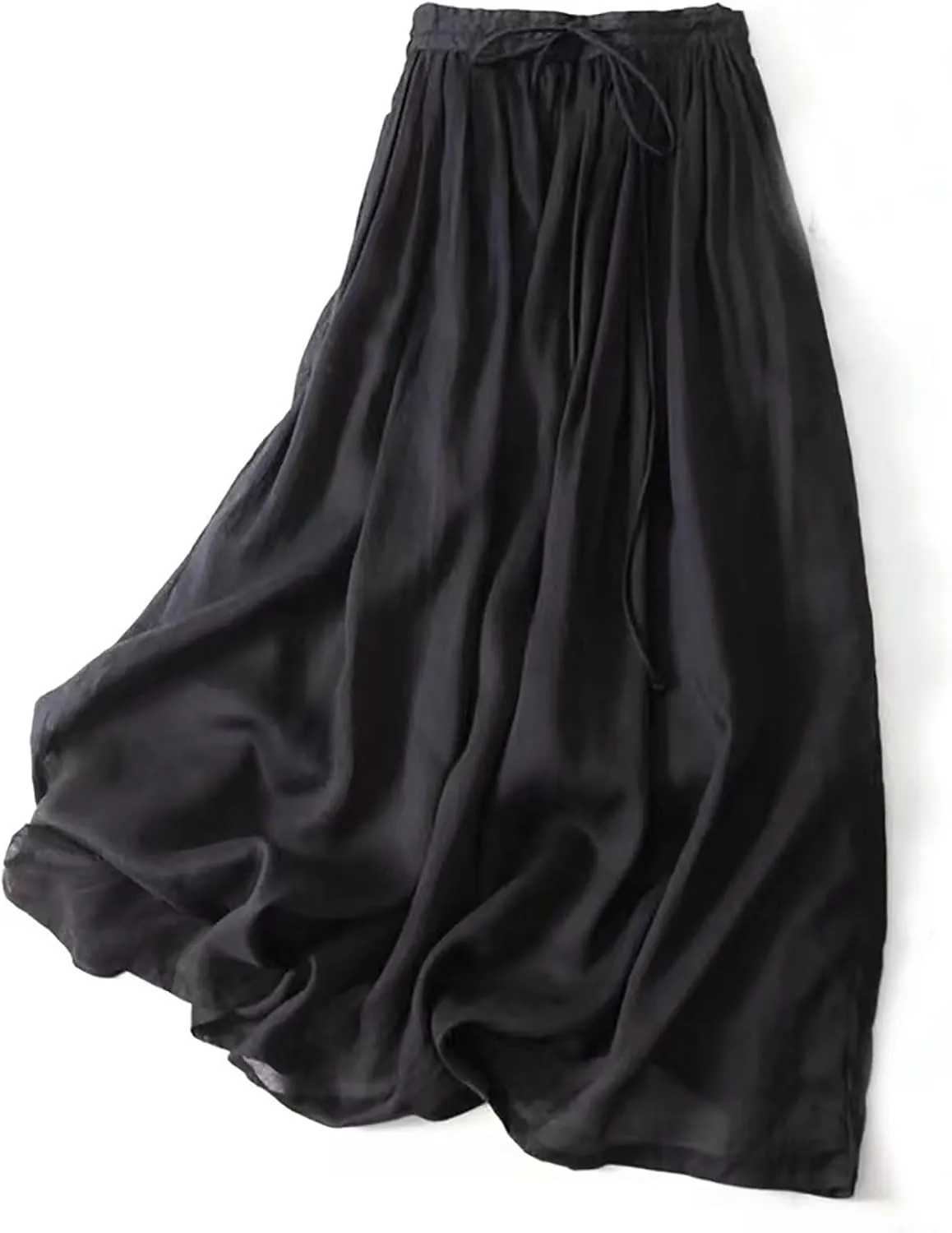 Womens Cotton Linen Midi Skirt Summer High Waist Flowy Loose Elastic Waist Drawstring Party Swing A-Line Skirts