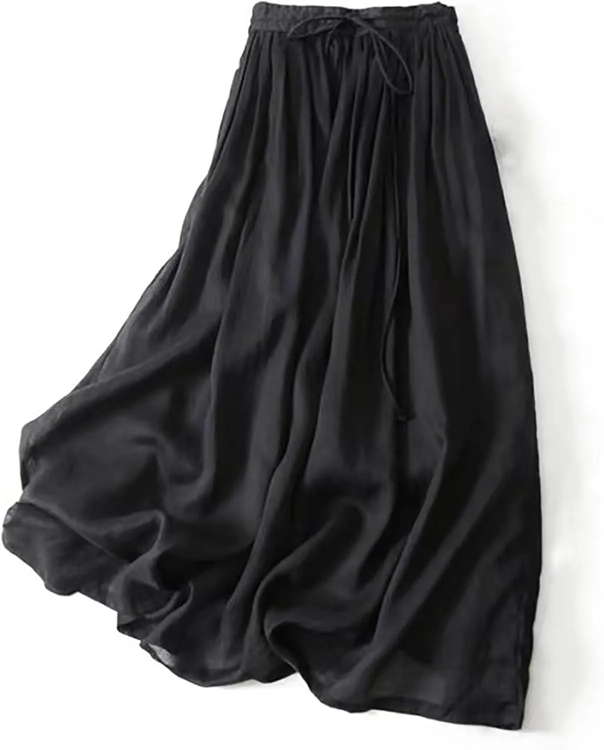 Womens Cotton Linen Midi Skirt Summer High Waist Flowy Loose Elastic Waist Drawstring Party Swing A-Line Skirts