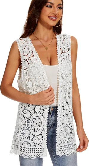 Women's Crochet Floral Boho Lace Trim Sleeveless Kimono Open Front Vest Cardigan