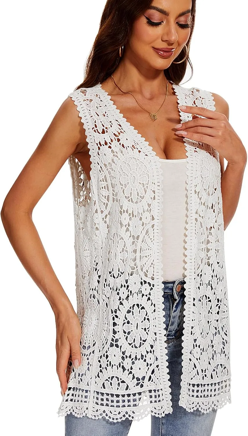 Women's Crochet Floral Boho Lace Trim Sleeveless Kimono Open Front Vest Cardigan