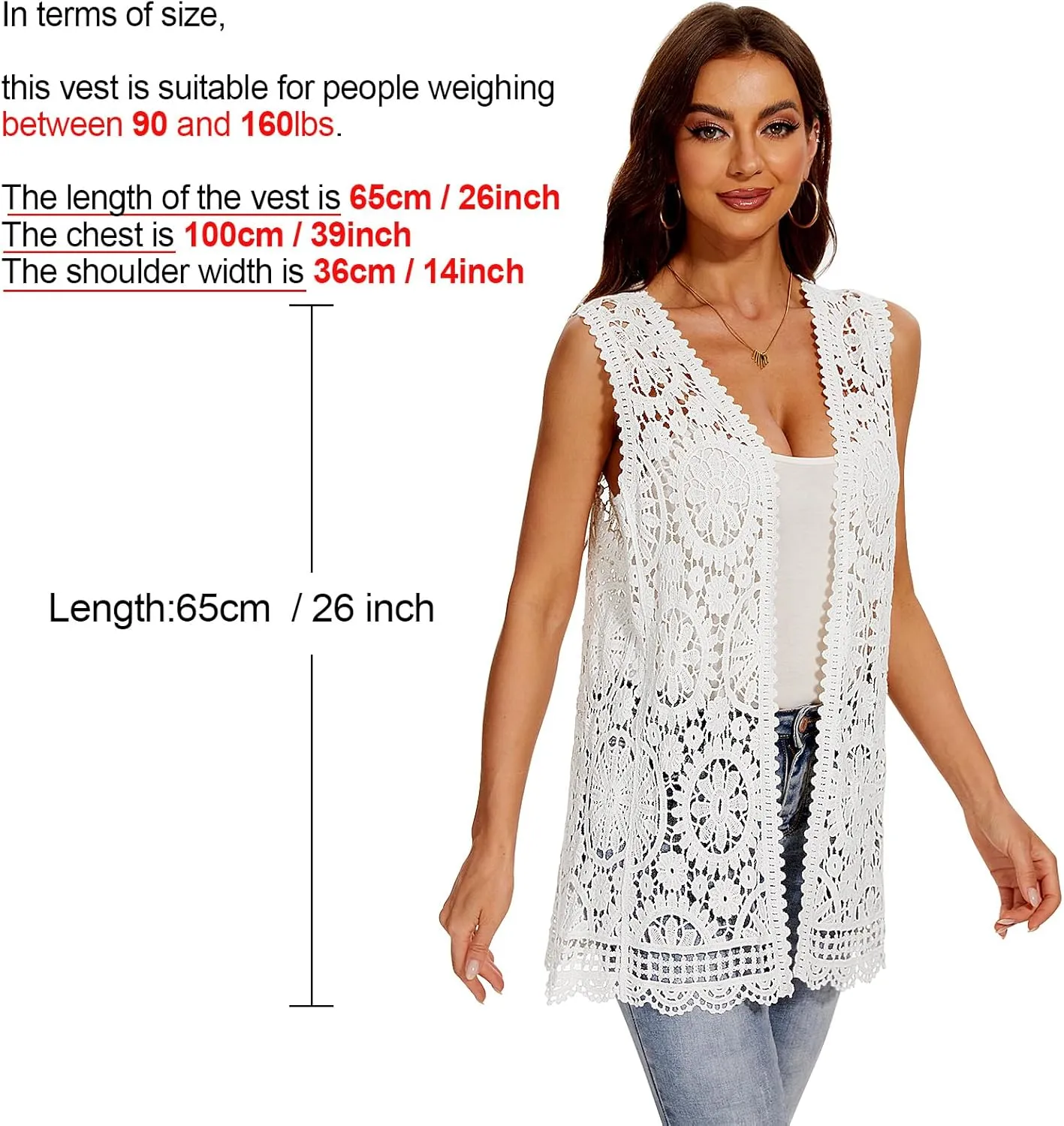 Women's Crochet Floral Boho Lace Trim Sleeveless Kimono Open Front Vest Cardigan