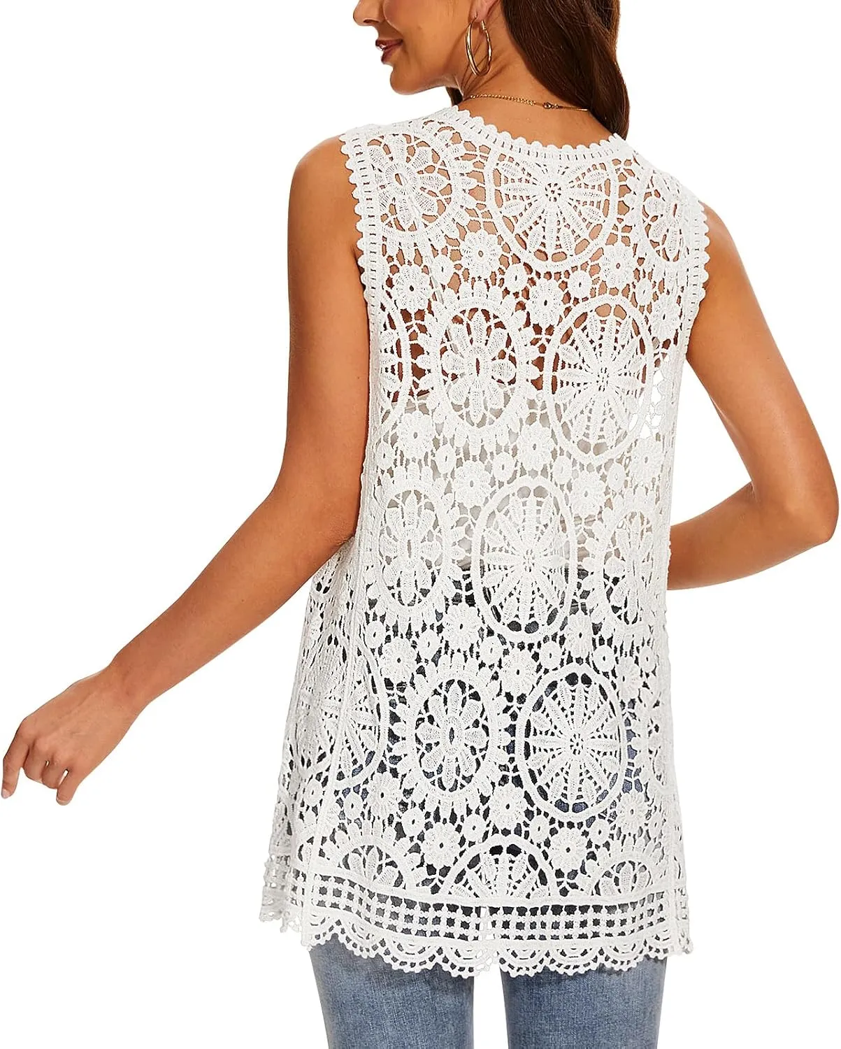 Women's Crochet Floral Boho Lace Trim Sleeveless Kimono Open Front Vest Cardigan