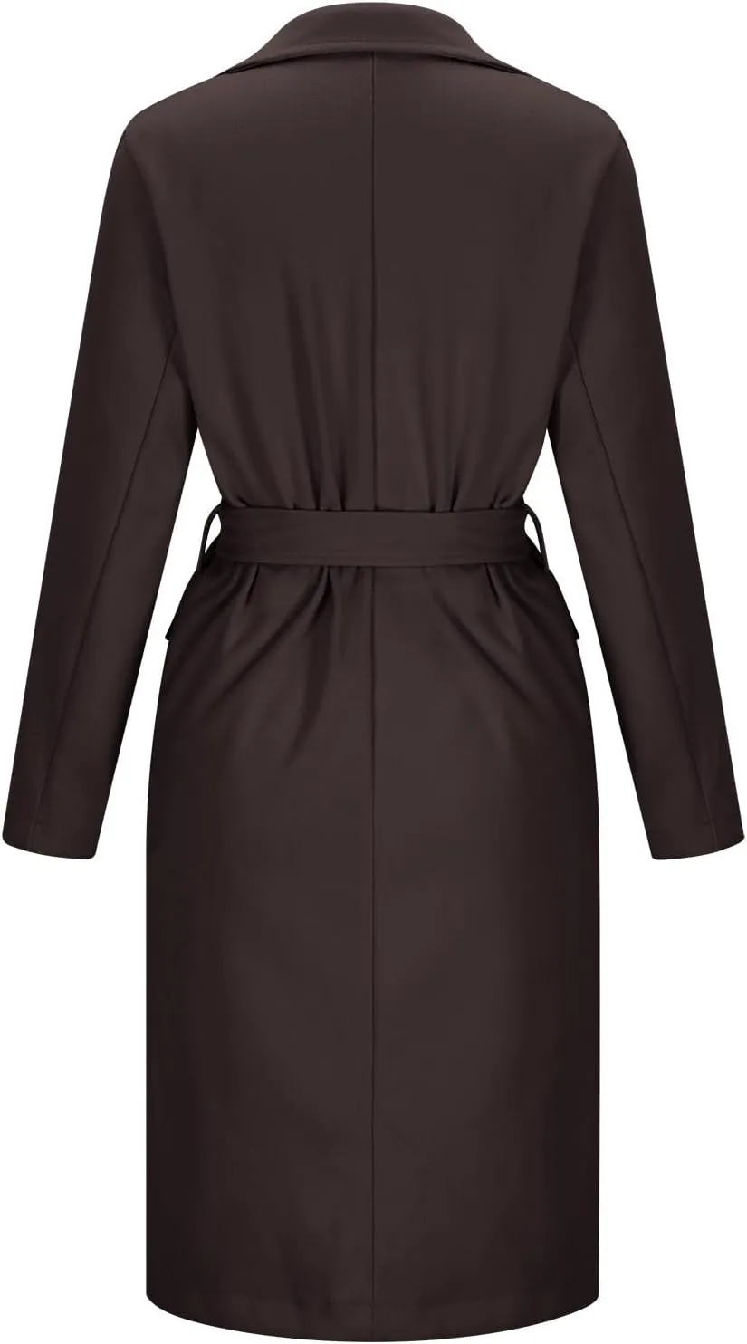 Women's Double Breasted Long Trench Coat Belted Notch Lapel Overcoat Windproof Classic Outerwear Warm Winter Pea Coats