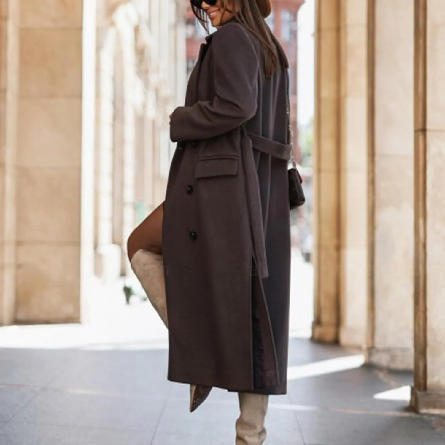 Women's Double Breasted Long Trench Coat Belted Notch Lapel Overcoat Windproof Classic Outerwear Warm Winter Pea Coats