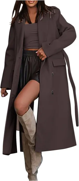 Women's Double Breasted Long Trench Coat Belted Notch Lapel Overcoat Windproof Classic Outerwear Warm Winter Pea Coats
